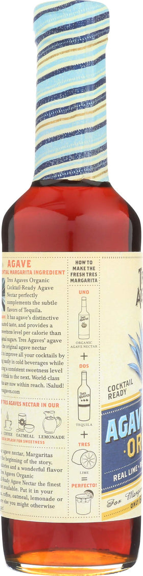 Icons on Tres Agaves label highlight organic, vegan, gluten-free, non-GMO attributes.