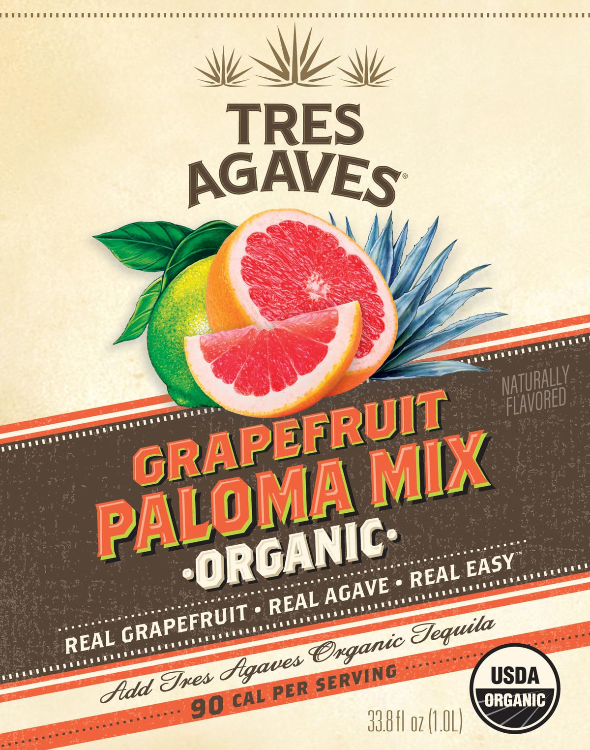Tres Agaves lime juice and agave label closeup signals natural ingredients for clean taste.
