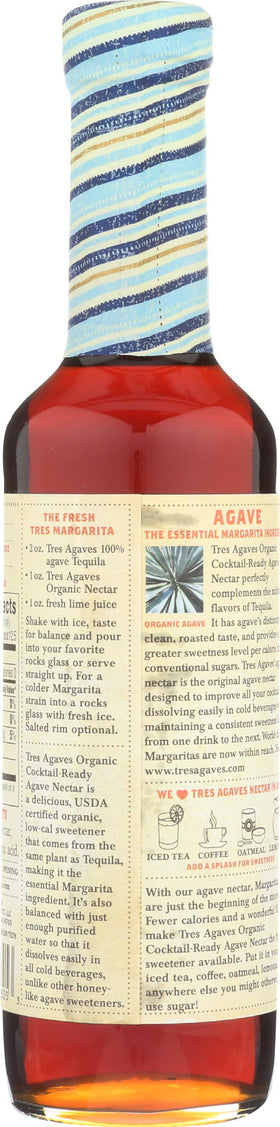 Close-up of Tres Agaves organic agave nectar label with USDA Organic certification.