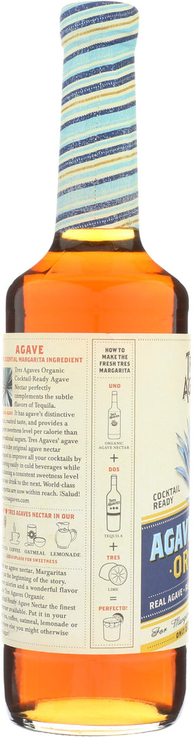 Close-up of Tres Agaves Organic Agave Nectar label highlighting organic ingredients.