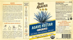 Label of Tres Agaves agave nectar highlighting organic, vegan, gluten-free quality.