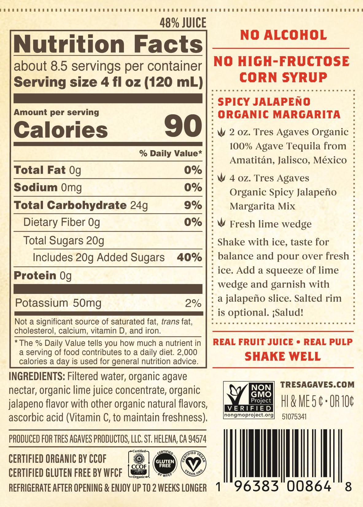 Tres Agaves mixer back label showing organic ingredients for clean cocktails
