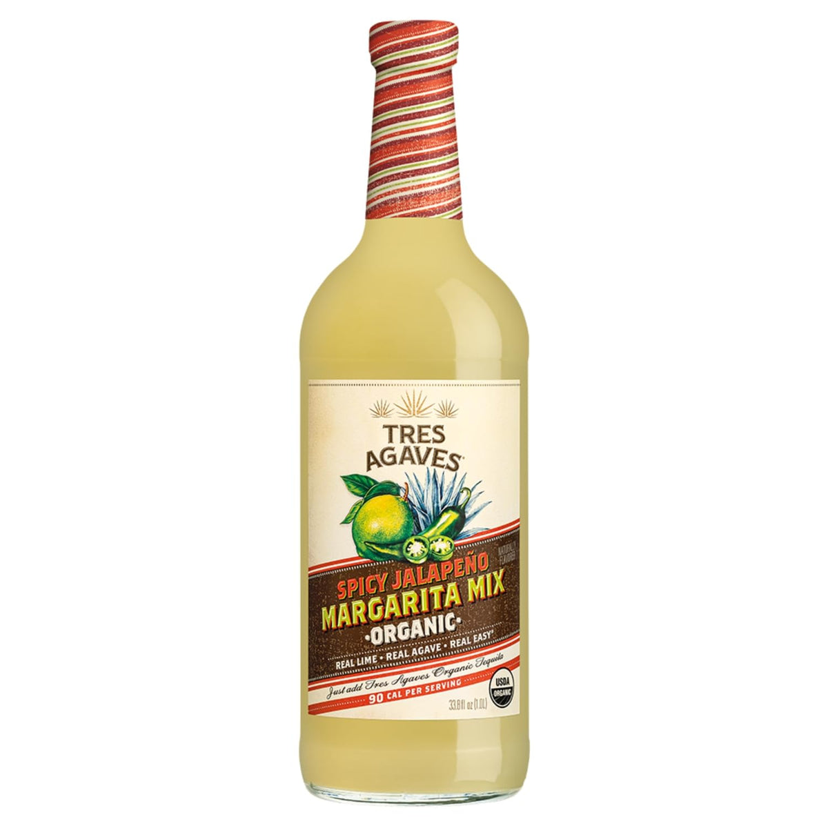 Pouring Tres Agaves mixer into a glass for fiery, balanced margaritas