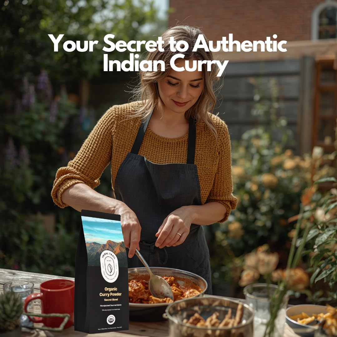 Tribal Trail 15-spice curry powder mix shown in a bowl for rich flavor.