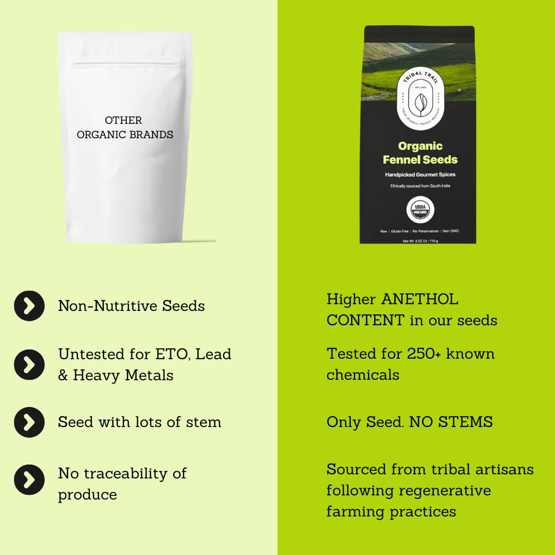 Tribal Trail fennel seeds organic kitchen-scene signals authentic Indian sourcing.