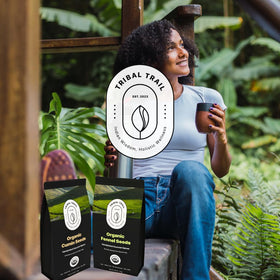 Tribal Trail fennel seeds organic label-closeup emphasizes quality and origin.