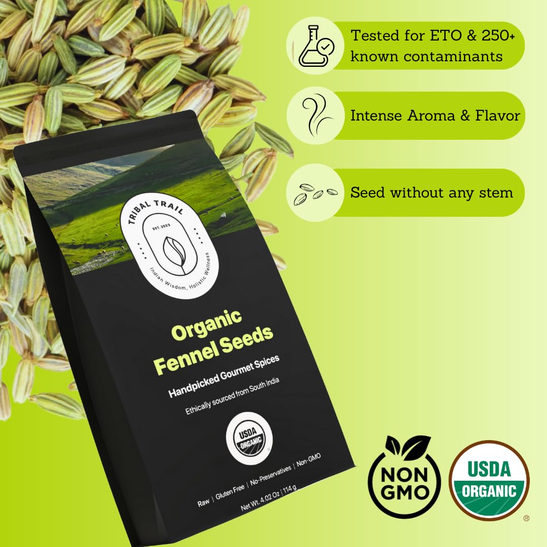 Tribal Trail fennel seeds organic packaging kraft shows sustainable bag.