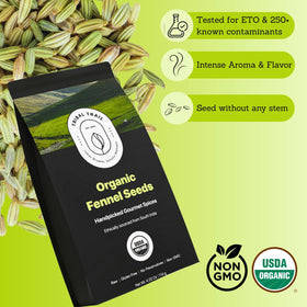 Tribal Trail fennel seeds organic packaging kraft shows sustainable bag.