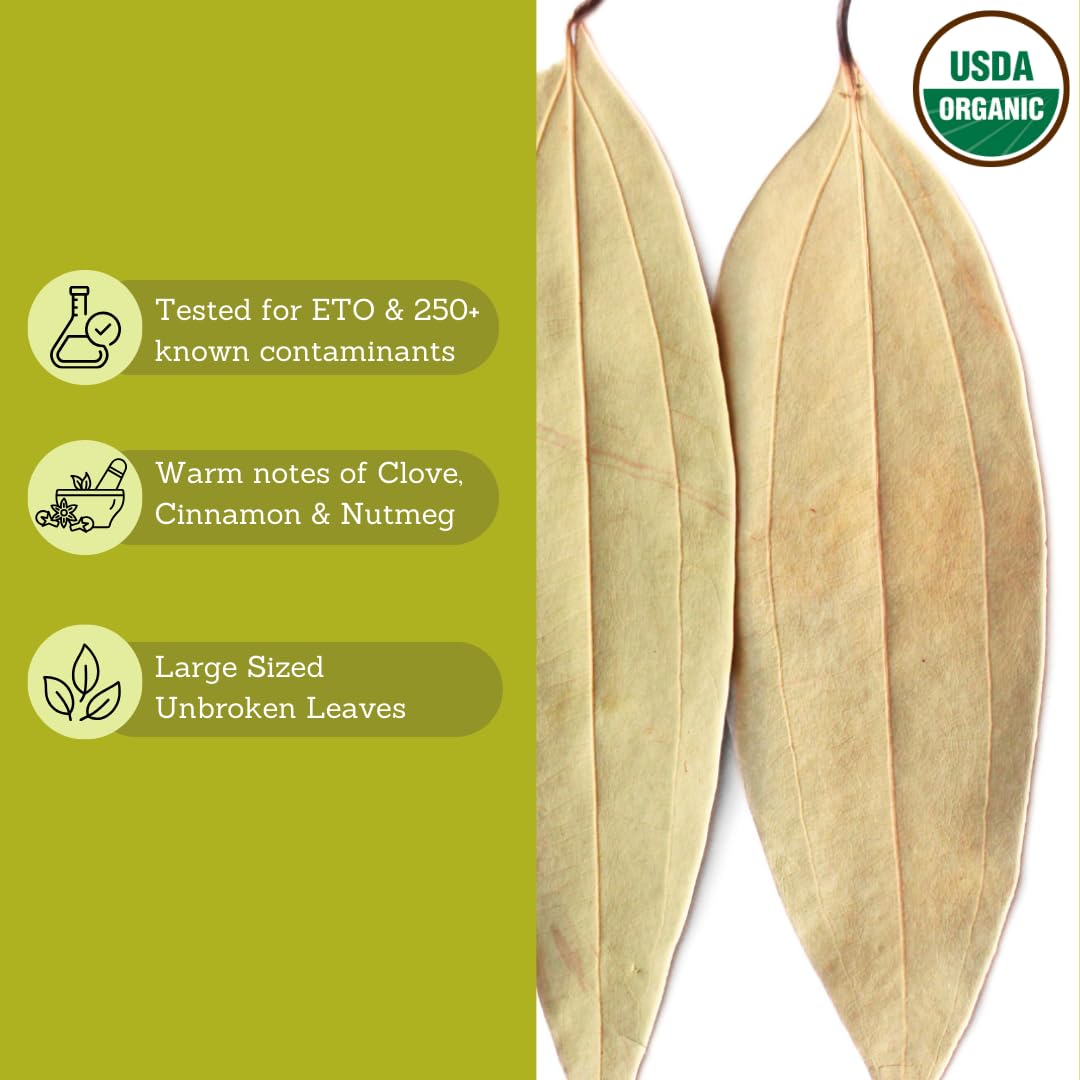 Tribal Trail Organic Bay Leaves Closeup for fresh earthy aroma.