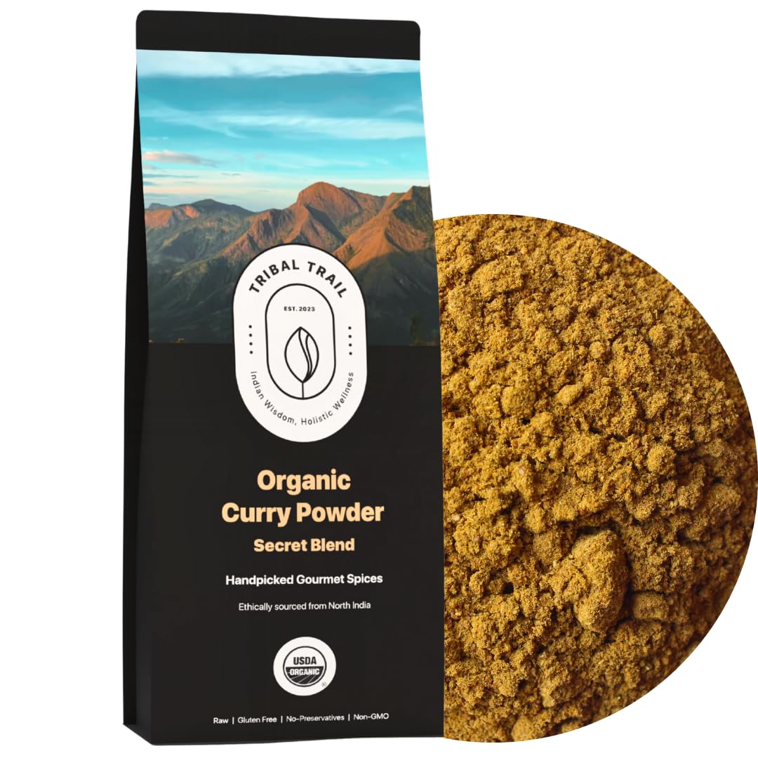Tribal Trail Organic Curry Powder packaging in kraft bag for sustainable pantry storage.