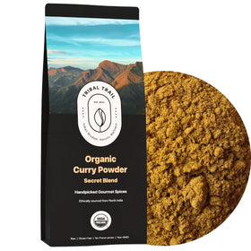 Tribal Trail Organic Curry Powder packaging in kraft bag for sustainable pantry storage.