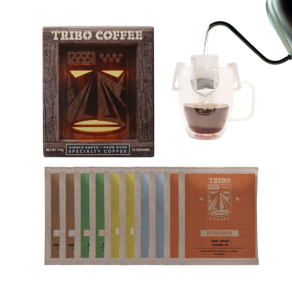 TRIBO Ethiopia Sidamo light roast packet for aromatic pour-over on the go.