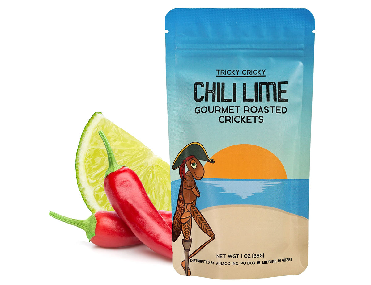 Tricky Cricky chili lime crickets in bag show crisp texture and bold flavor.