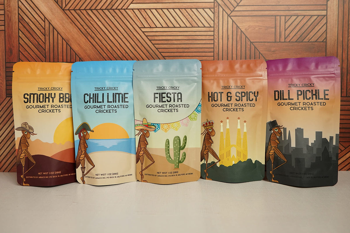 Tricky Cricky chili lime crickets highlight protein-rich, low-calorie snacking.