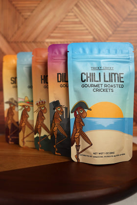 Tricky Cricky chili lime crickets ready for on-the-go snacking anywhere.