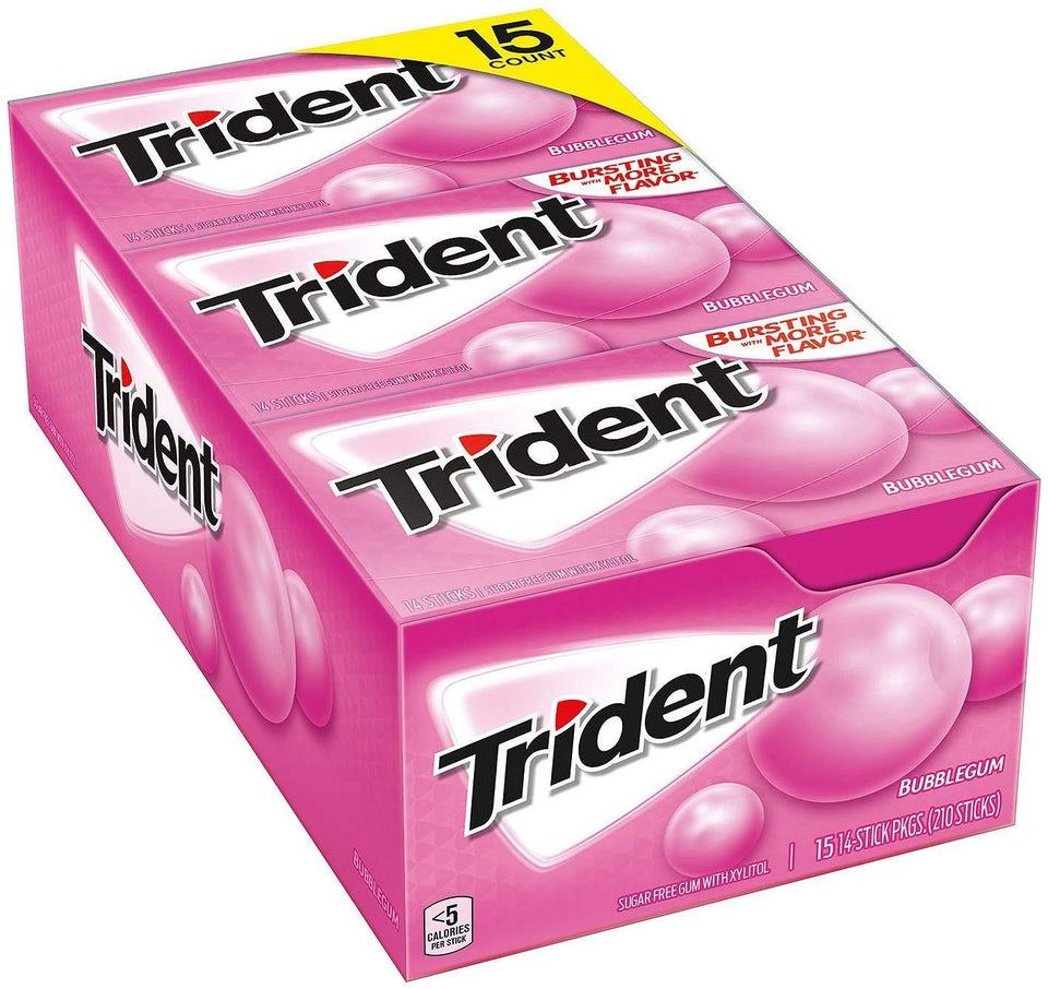 Trident sugar-free bubble gum outer pack, great for sharing and on-the-go freshness.