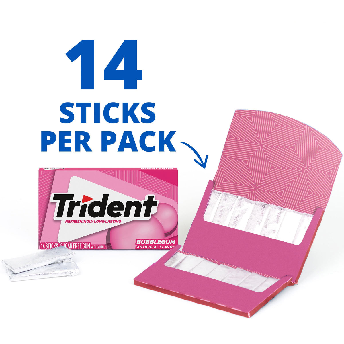 Trident Bubblegum Sugar Free Gum pack opened to reveal 14-piece sticks and freshness
