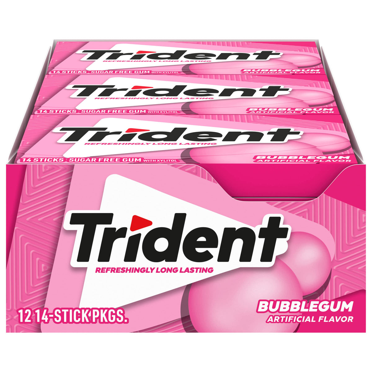 Trident Bubblegum Sugar Free Gum travel pack front view for fresh breath on the go