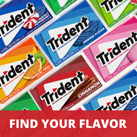 Trident Cinnamon Sugar Free Gum desk-drawer scene implies ready-to-chew freshness on demand.