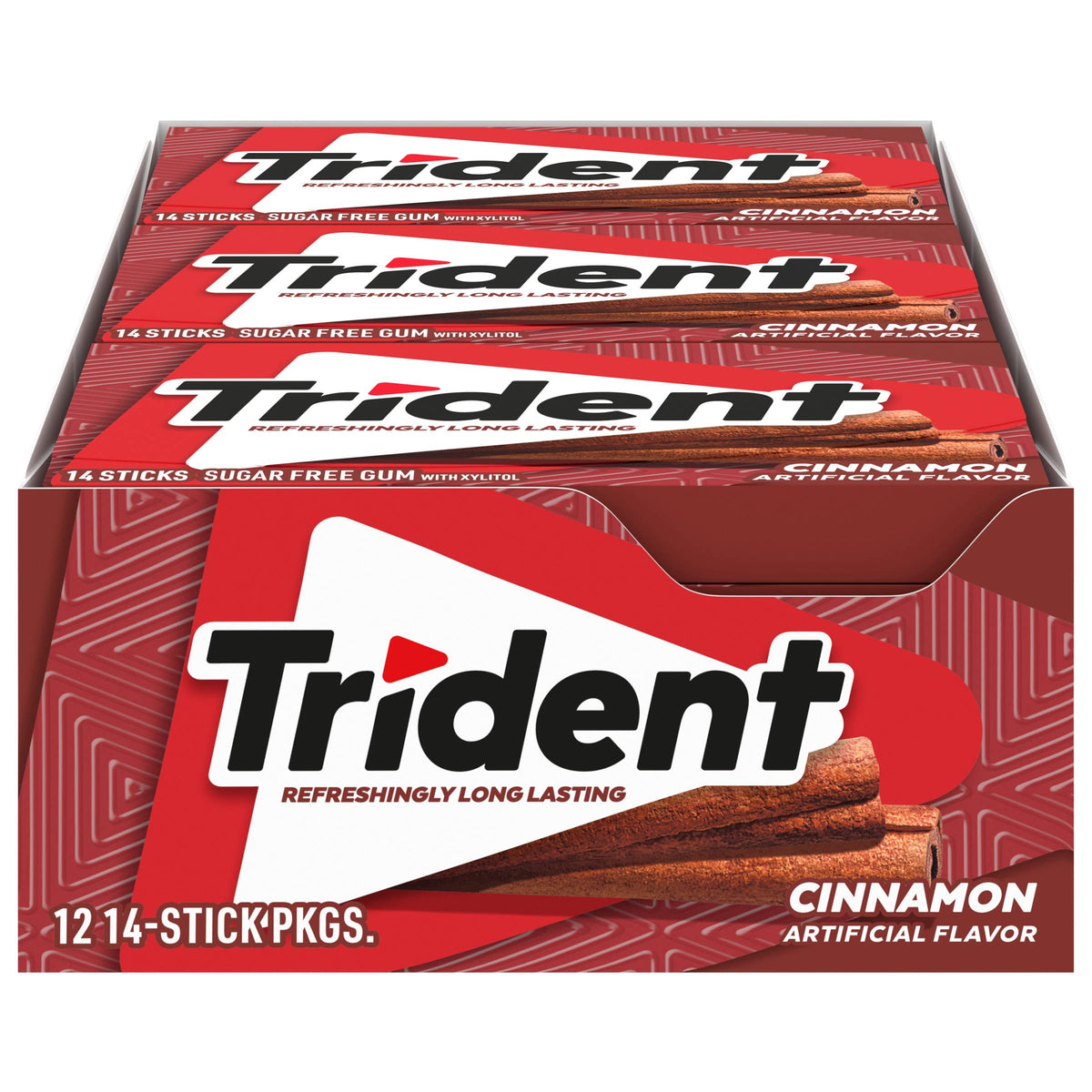 Trident Cinnamon Sugar Free Gum packaging shows bulk box for easy stocking and on-the-go freshness.