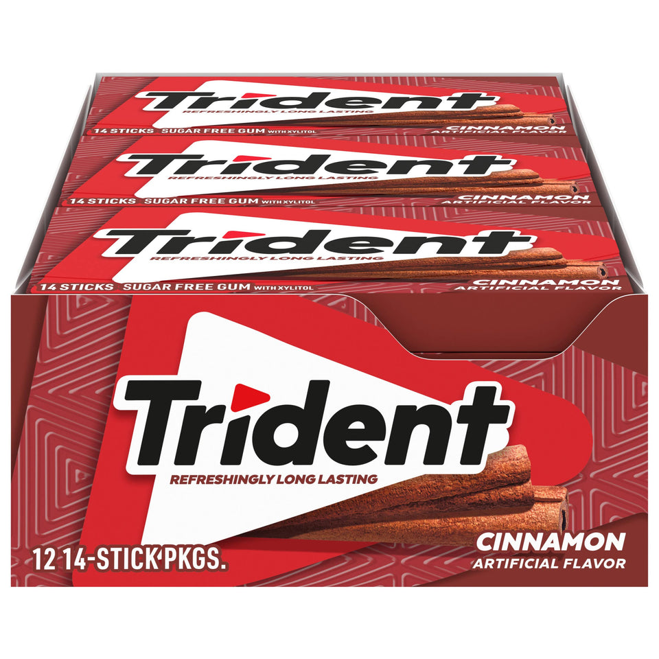 Trident Cinnamon Sugar Free Gum packaging shows bulk box for easy stocking and on-the-go freshness.