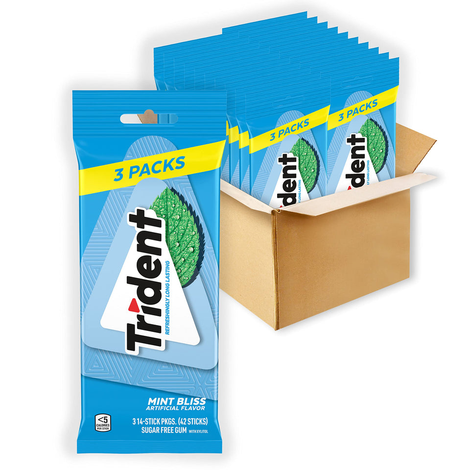Trident Mint Bliss bulk pack front promotes on-the-go fresh breath throughout the day.