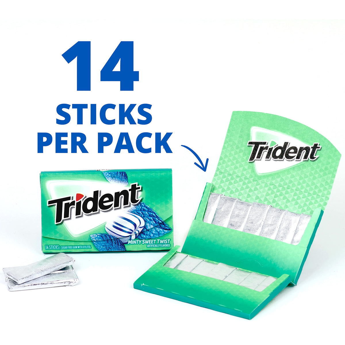 Trident Minty Sweet Twist 14-piece pack close-up emphasizes minty flavor and sugar-free formula.