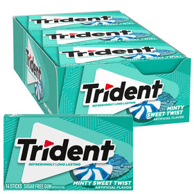 Trident Minty Sweet Twist gum pack front shows a twelve-pack for fresh breath on the go.