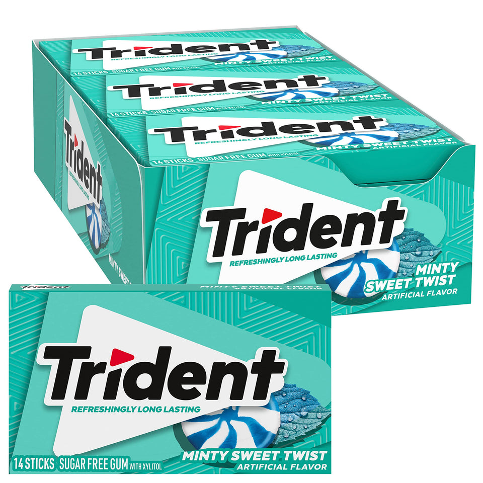 Trident Minty Sweet Twist gum pack front shows a twelve-pack for fresh breath on the go.