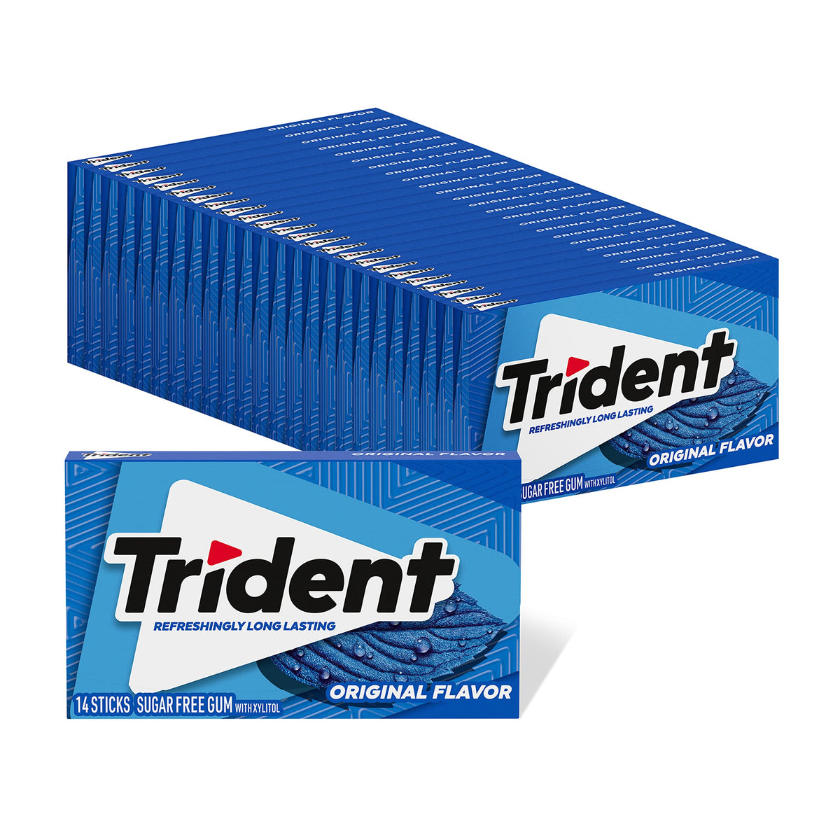 Trident Original Sugar-Free Gum packaging shows 14 pieces per pack for quick freshness.
