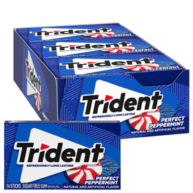 Trident Perfect Peppermint gum packaging showing bulk 12-pack for easy home or office restocking and fresh breath