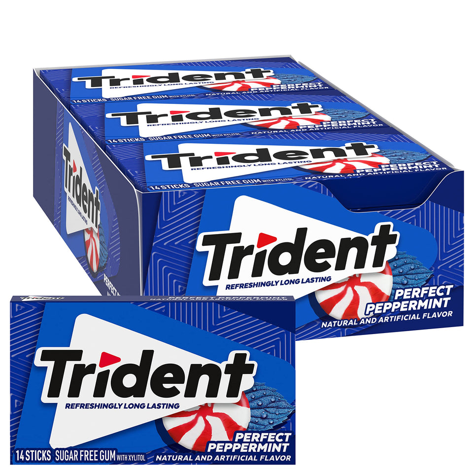 Trident Perfect Peppermint gum packaging showing bulk 12-pack for easy home or office restocking and fresh breath