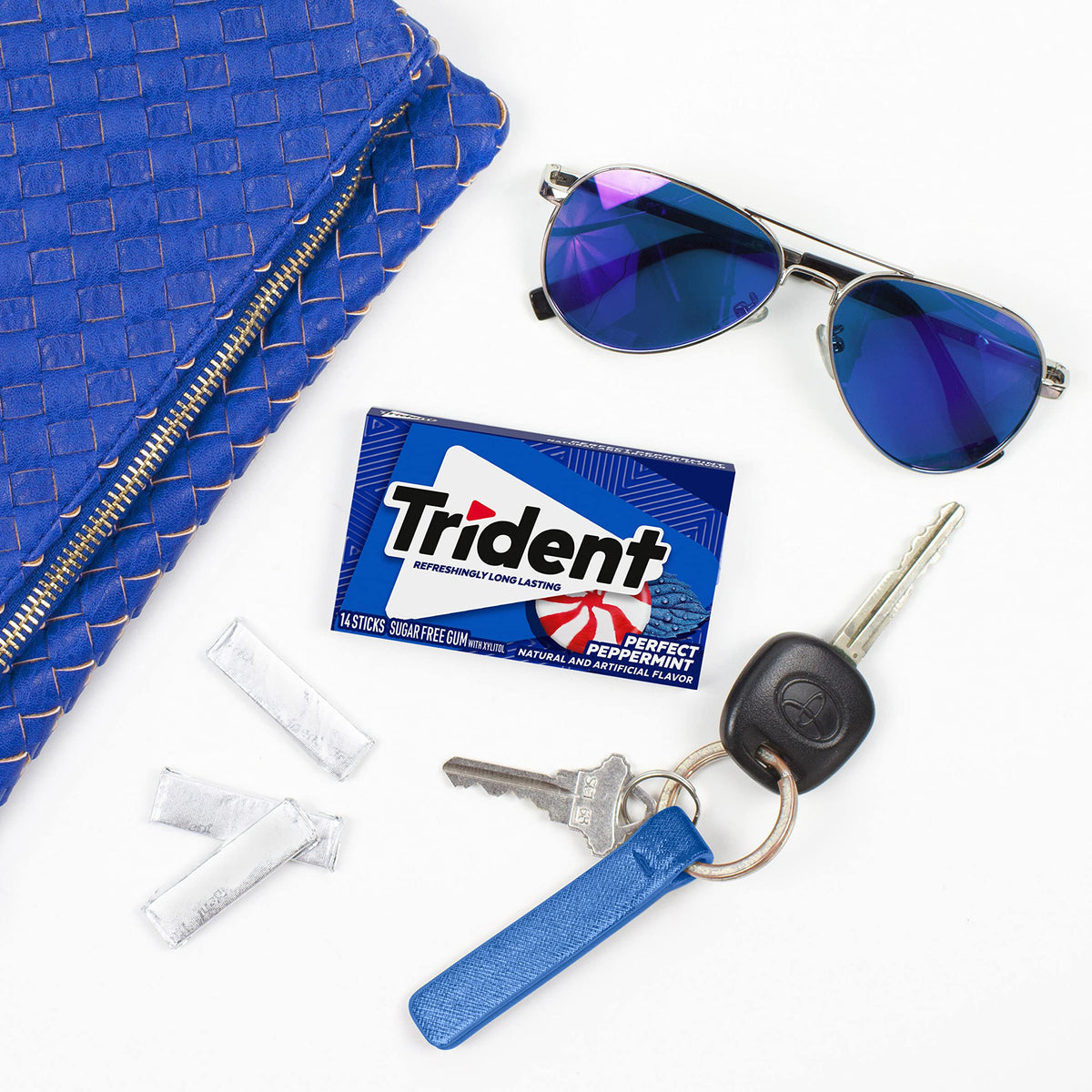 Pocket-pack of Trident Perfect Peppermint gum fits in bag for fresh breath on the move