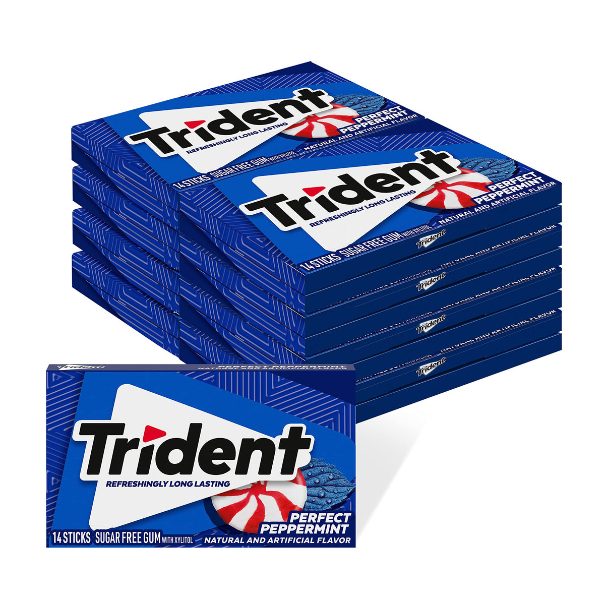 Trident Perfect Peppermint gum 10-pack box showcases bulk convenience for home or office