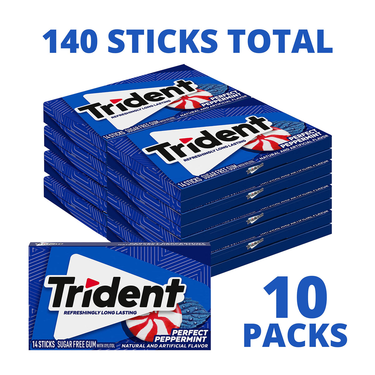Individual Trident gum stick highlighting 14 pieces per pack for daily freshness