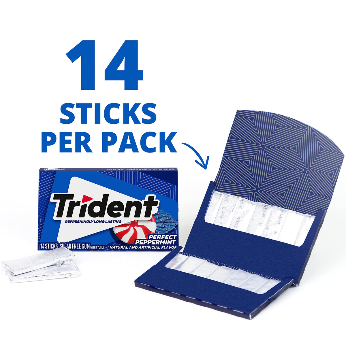 Bulk 140-piece Trident gum pack emphasizing value for workspaces and homes