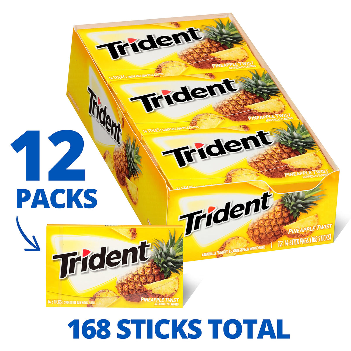 Trident Pineapple Twist gum stick close-up highlighting fruity flavor.