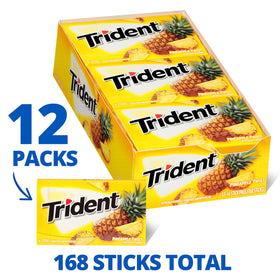 Trident Pineapple Twist gum stick close-up highlighting fruity flavor.