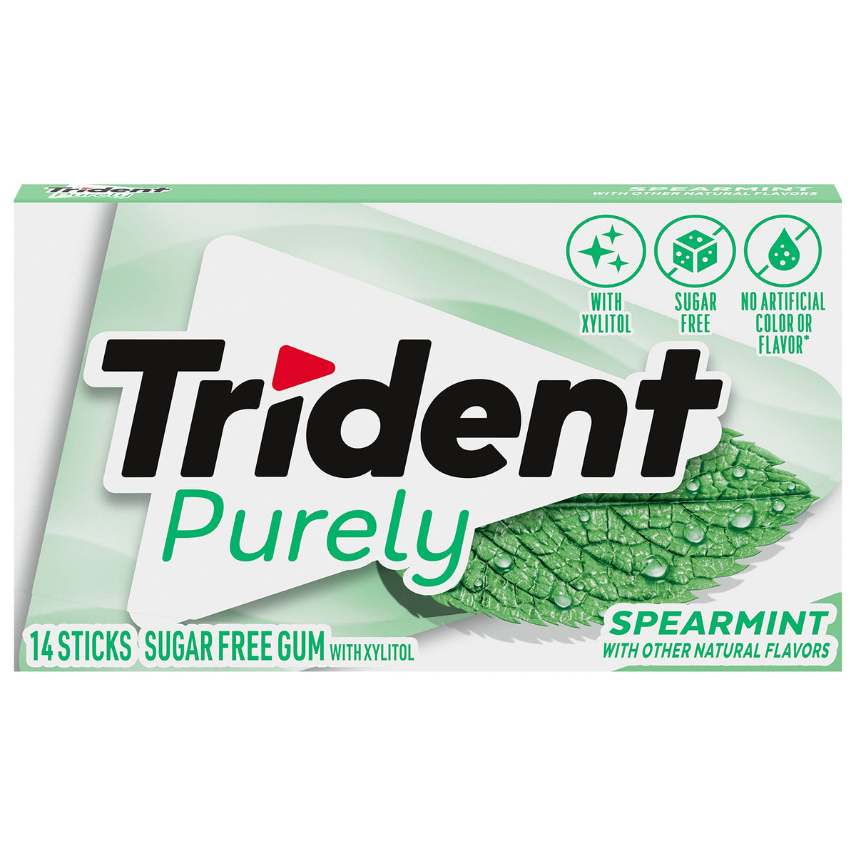 Trident Purely Spearmint gum packaging-inside-view shows bulk supply for offices.