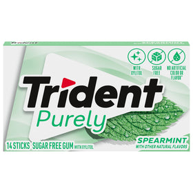 Trident Purely Spearmint gum packaging-inside-view shows bulk supply for offices.