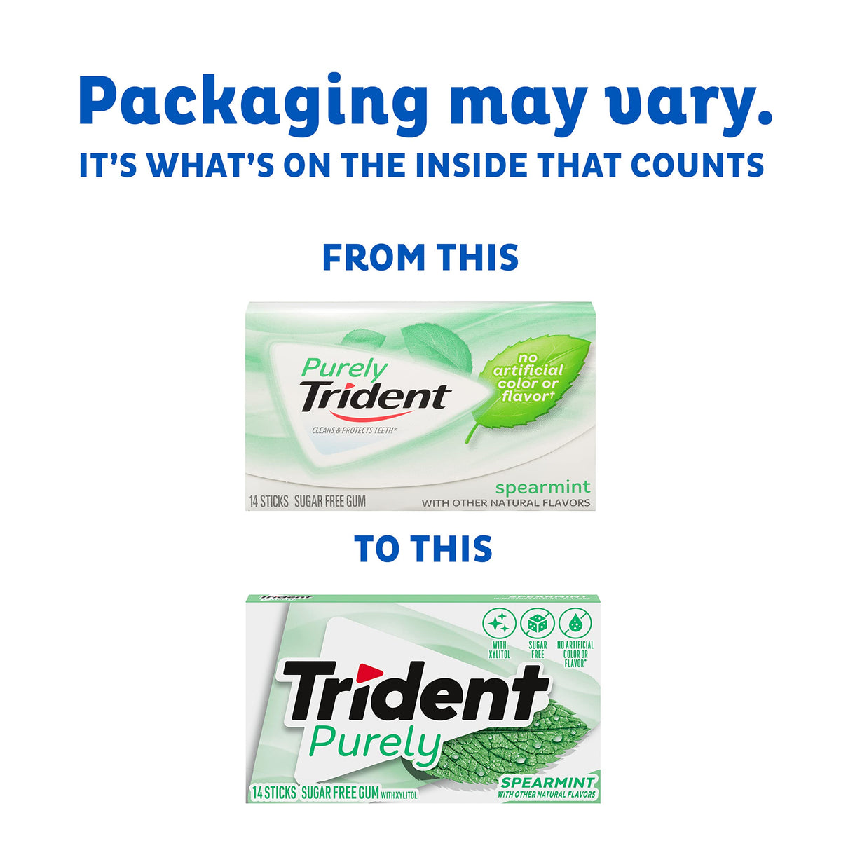 Trident Purely Spearmint gum stick-closeup highlights mint flavor and low calories.
