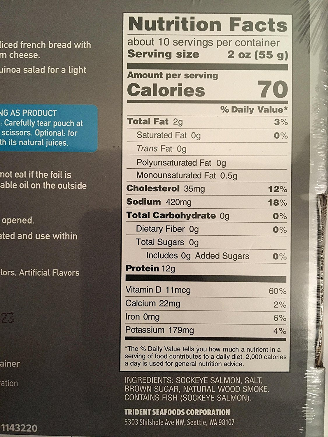 Trident Smoked Sockeye Salmon label shows simple ingredients and smoke-curing notes for transparency.