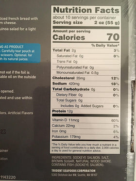 Trident Smoked Sockeye Salmon label shows simple ingredients and smoke-curing notes for transparency.