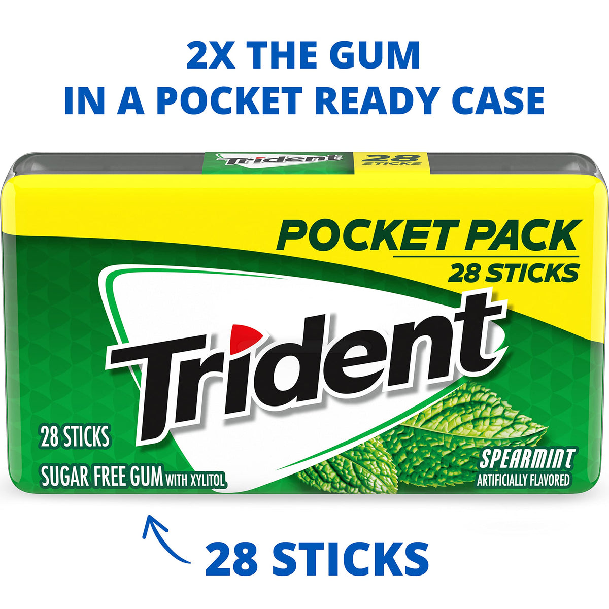 Trident Spearmint Sugar-Free gum pocket case open with 28 pieces ready for quick access