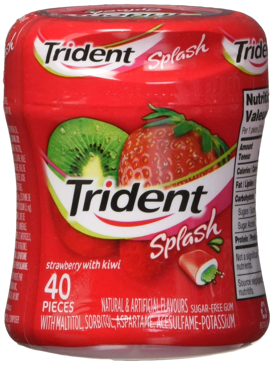 Trident Splash Strawberry Kiwi bottle candy label close-up for a refreshing flavor cue