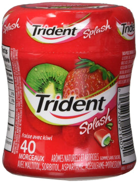 Trident Splash Strawberry Kiwi bottle candy open bottle showing colorful pieces for on-the-go snacking
