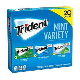 Trident sugar free gum mint variety pack pack-shot highlights long-lasting fresh breath.