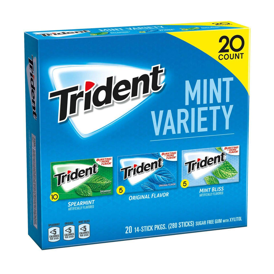 Trident sugar free gum mint variety pack pack-shot highlights long-lasting fresh breath.
