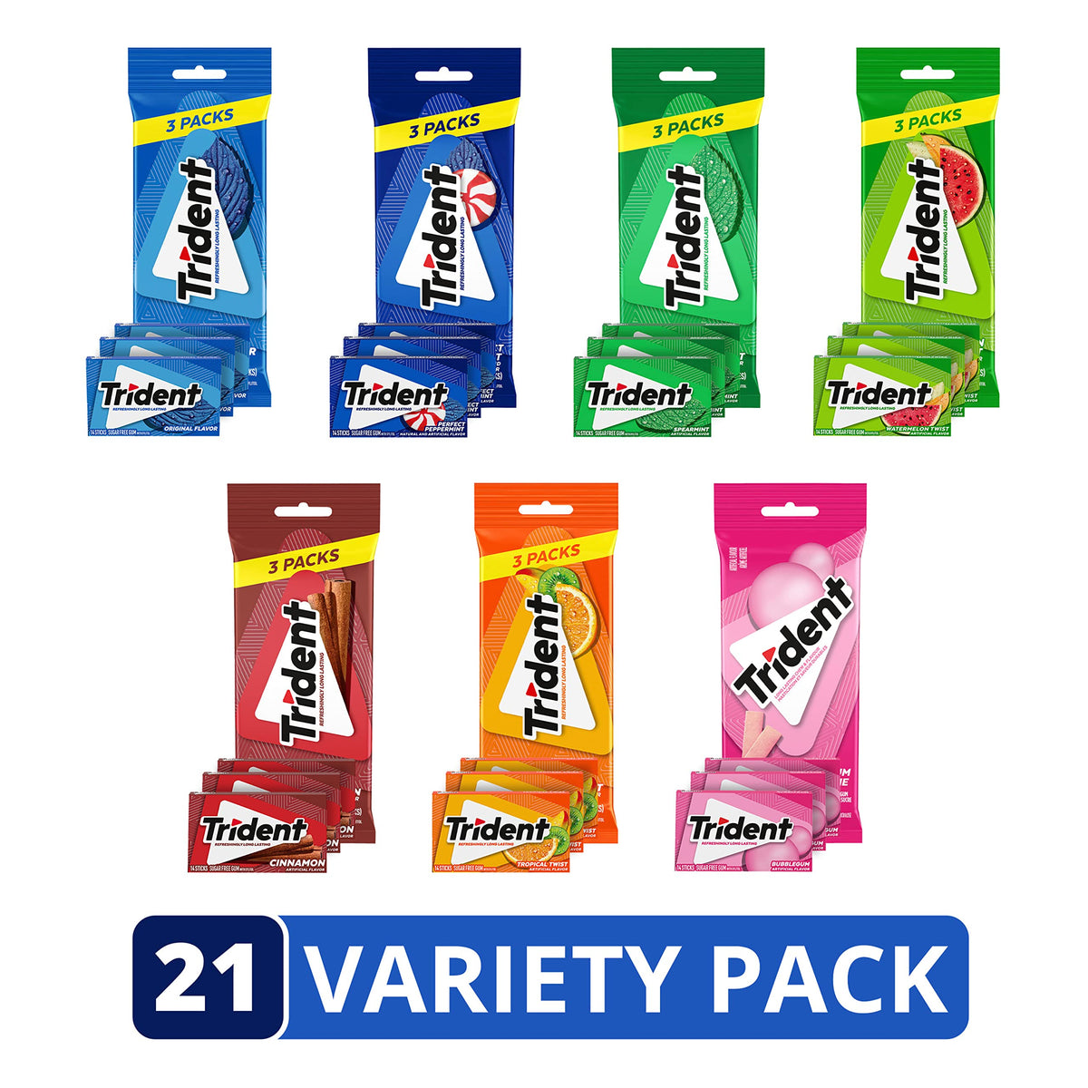 Trident sugar-free gum variety flavors display with six flavor lineup