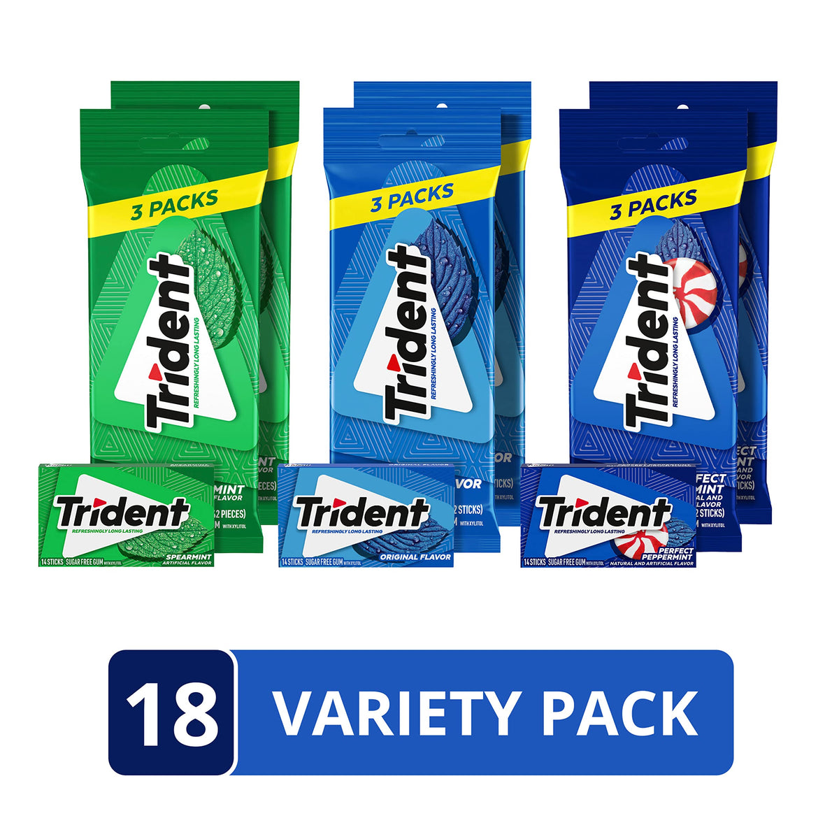 Trident Sugar-Free Gum Spearmint back highlights flavors and quantity for variety